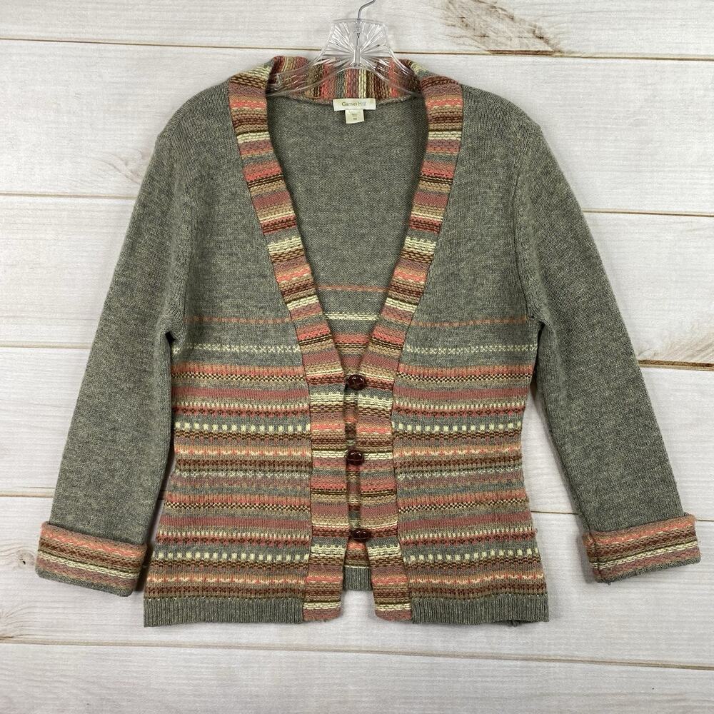 Garnet Hill Cardigan Women XS Green Stripe Wool Button Cropped Sweater Knit